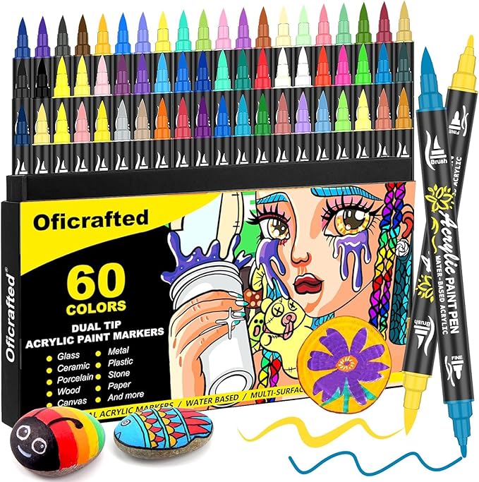 60 Colors Dual Tip Acrylic Paint Pens, Premium